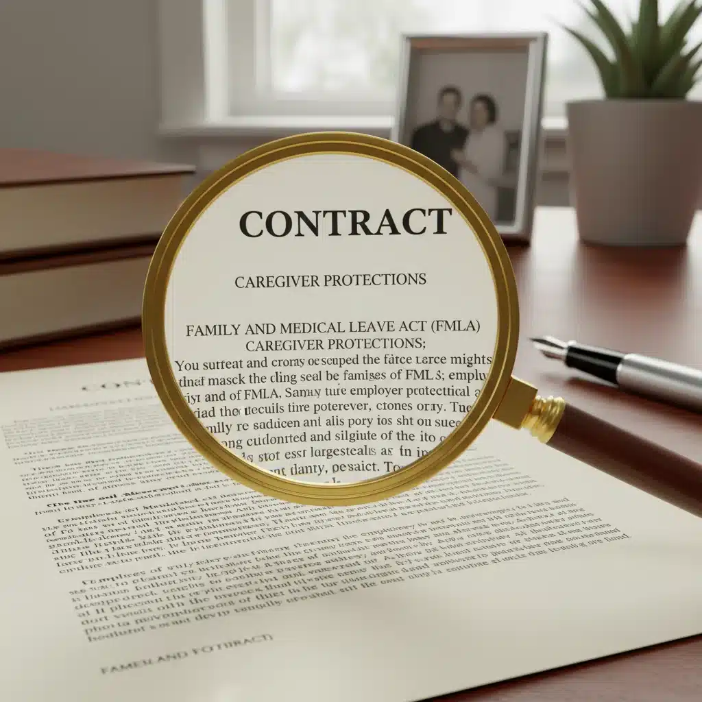 Magnifying glass over legal document detailing caregiver employment laws and FMLA protections.