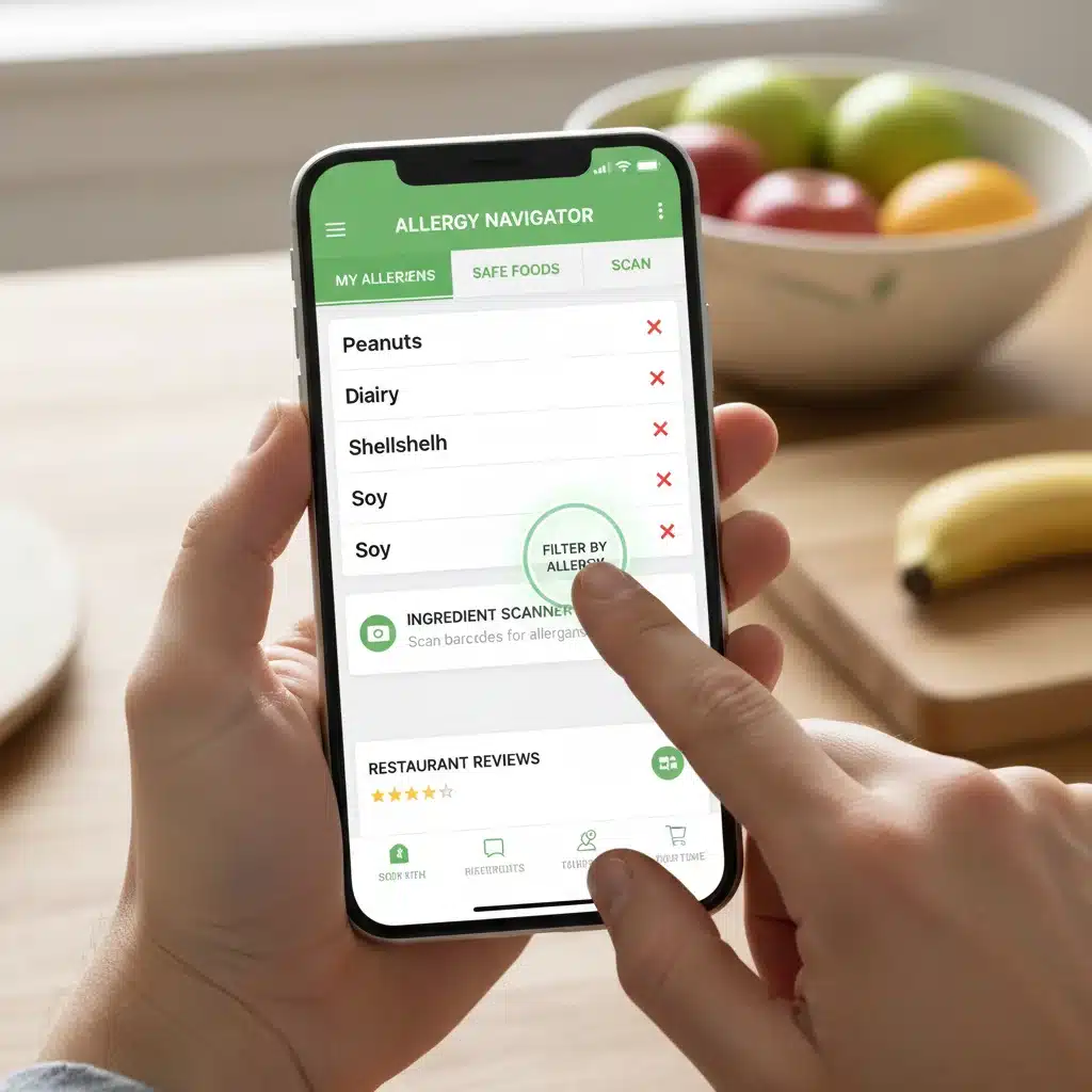 Food allergy management app on a smartphone, showing ingredient scanning and safe food options.