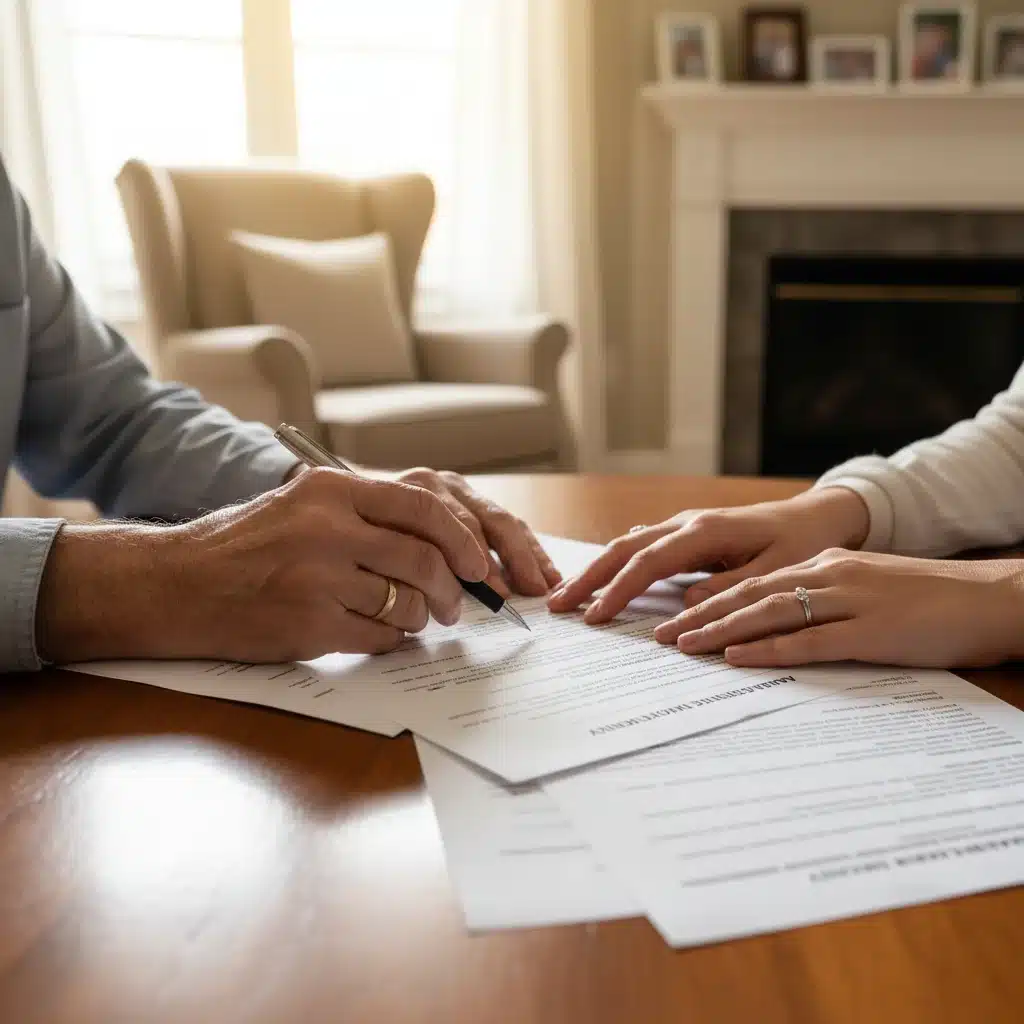 Hands reviewing legal documents for advanced care planning.