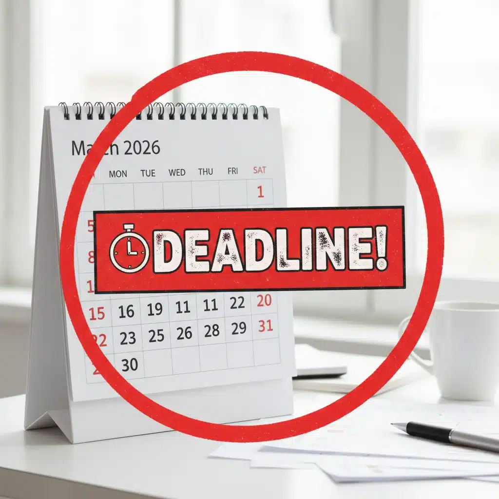 March 2026 calendar with 'Deadline!' highlighted for federal childcare programs