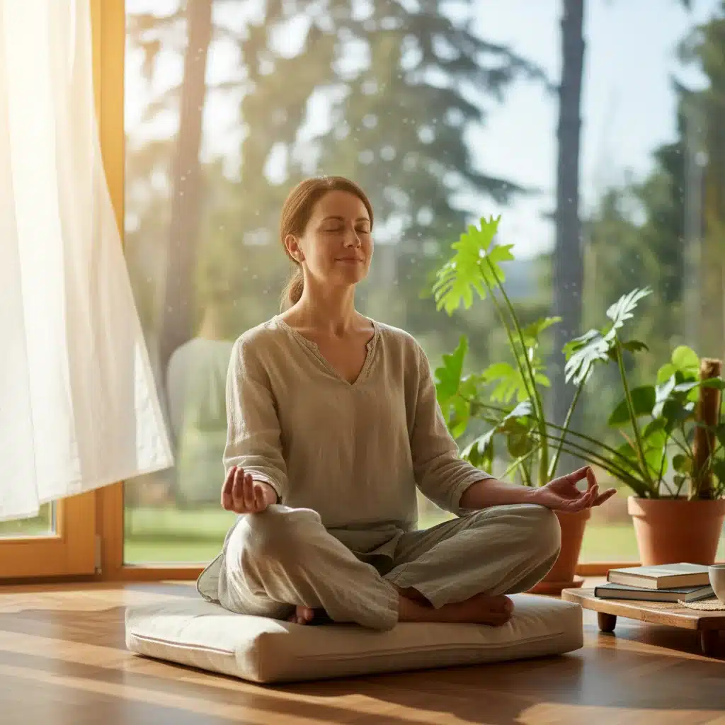 Person meditating in a sunlit room, demonstrating mindfulness for stress reduction.