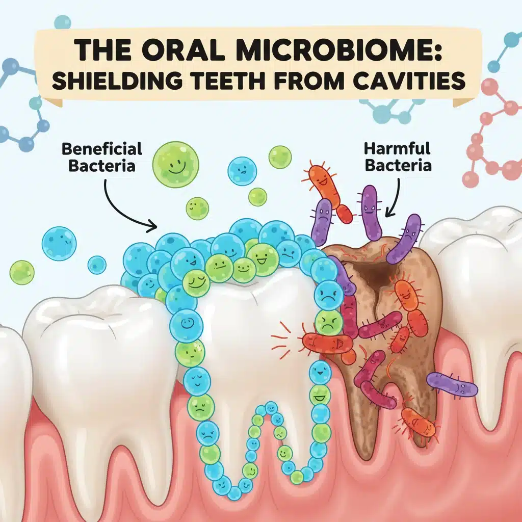 Diagram of oral microbiome protecting teeth