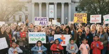 Parents and children advocating for special needs policy change at a rally.