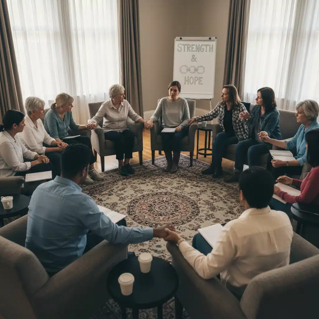 Parents in a support group sharing experiences about children with chronic conditions.