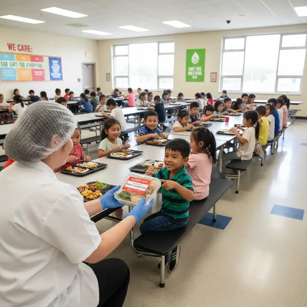 School cafeteria serving an allergy-safe meal to a child, highlighting updated safety protocols.