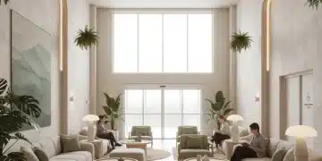 Modern sensory-friendly lobby with soft lighting and natural elements