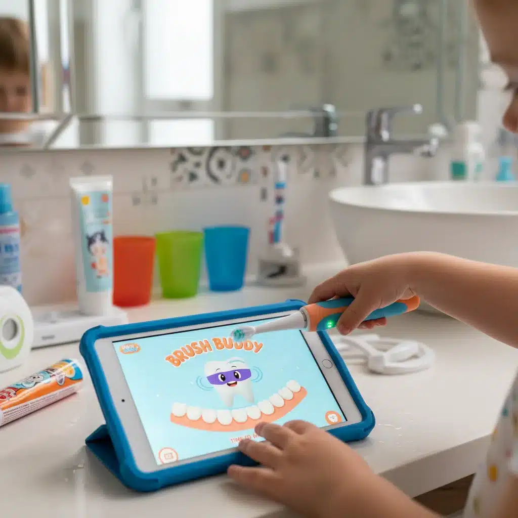 Child using smart toothbrush with interactive guide