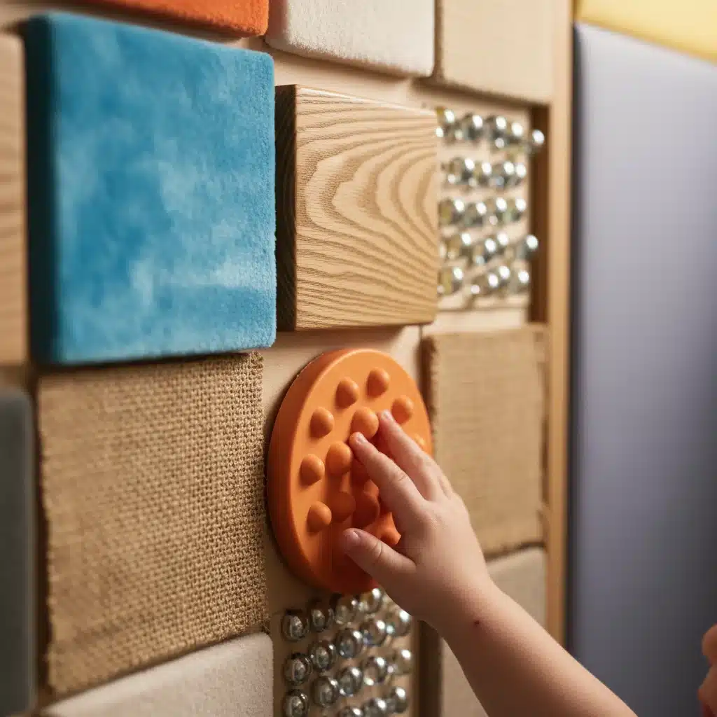 Child touching tactile sensory wall panel with various textures