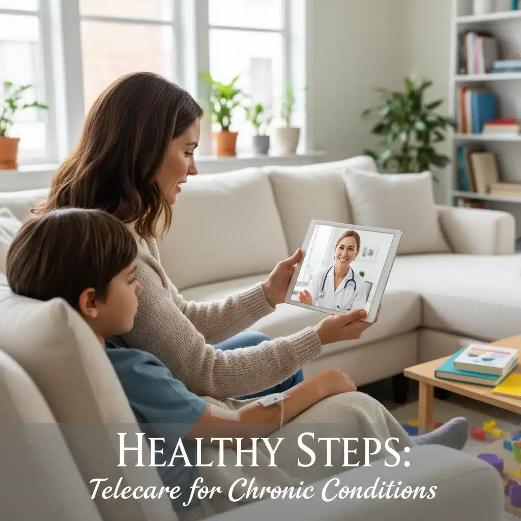 Parent and child in telehealth session with doctor, discussing chronic condition management.
