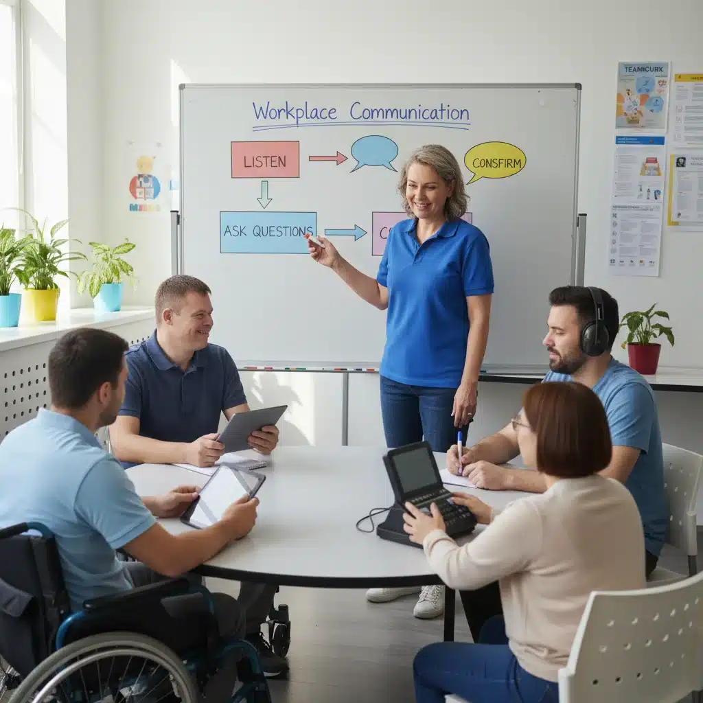Vocational trainer instructing group of individuals with disabilities with visual aids.