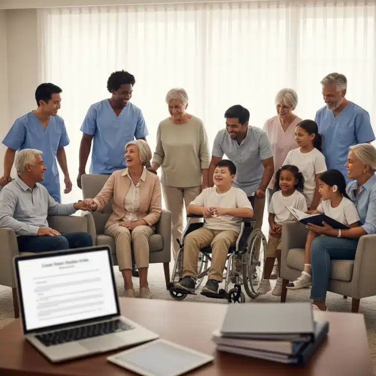 Diverse caregivers assisting individuals in a supportive home environment, symbolizing US caregiver rights 2026.