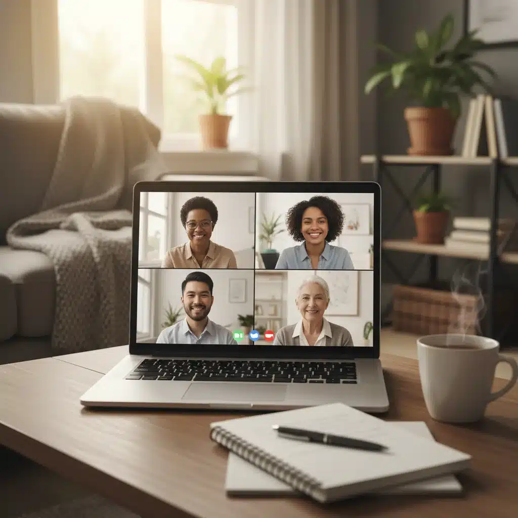 Diverse caregivers participating in a virtual mental health support group, showing connection and understanding.