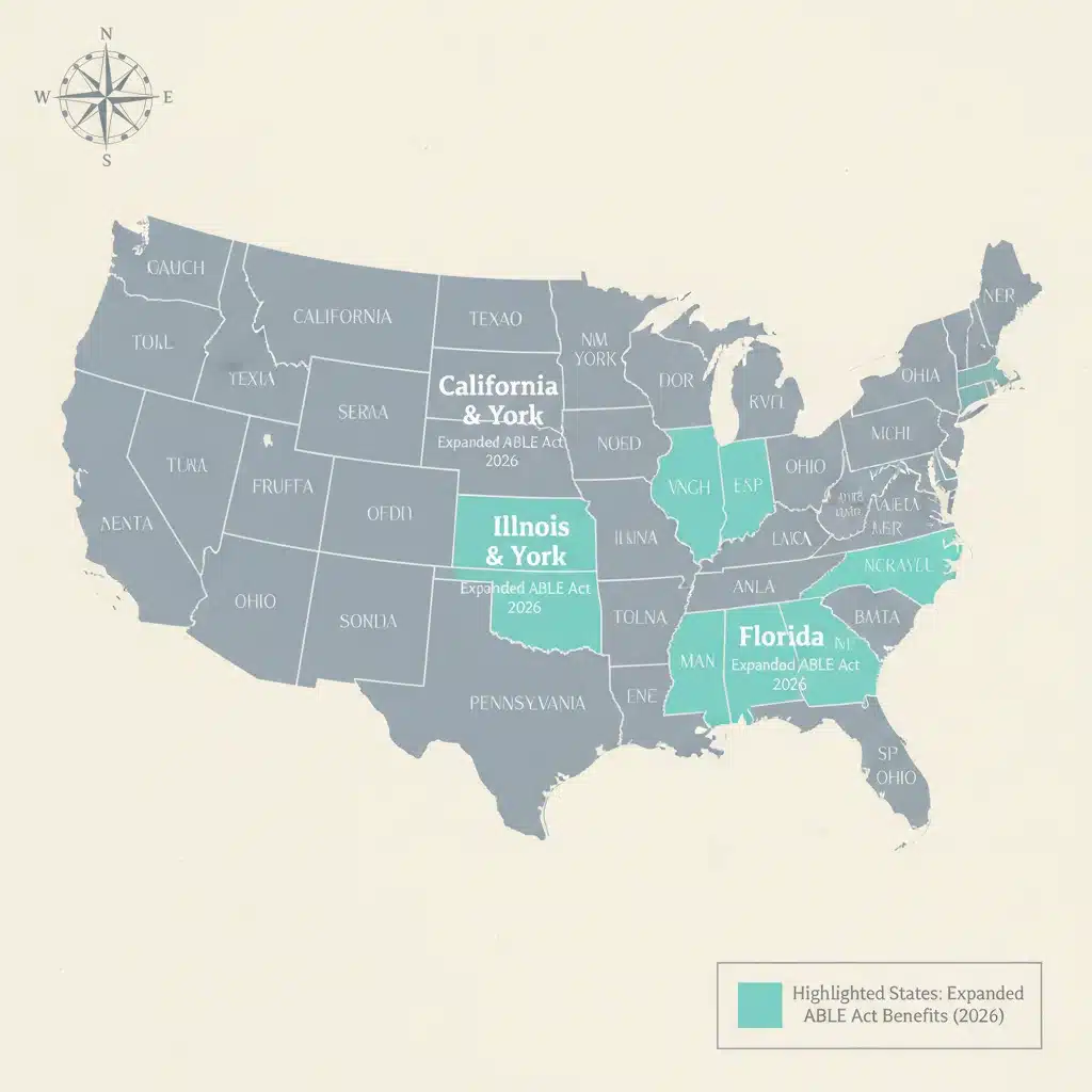 Map showing 7 states with expanded ABLE Act benefits 2026