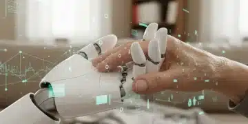 Robot hand comforting elderly human hand, symbolizing AI caregiving