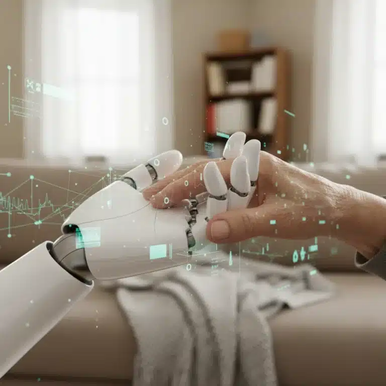 Robot hand comforting elderly human hand, symbolizing AI caregiving