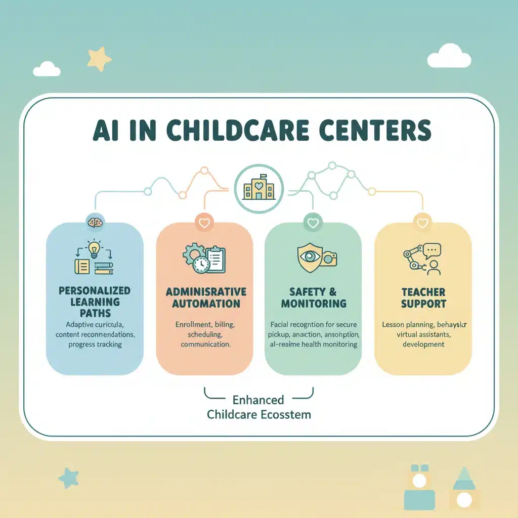 Infographic showing diverse applications of AI in childcare centers.