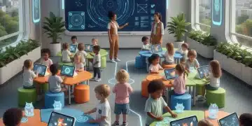 Children learning with AI tools in a modern childcare center.