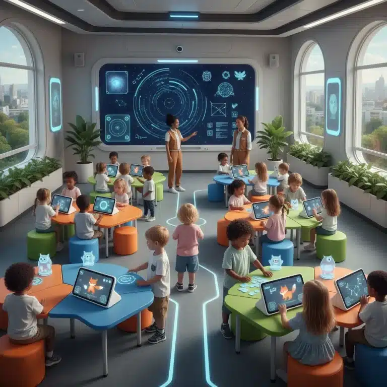 Children learning with AI tools in a modern childcare center.