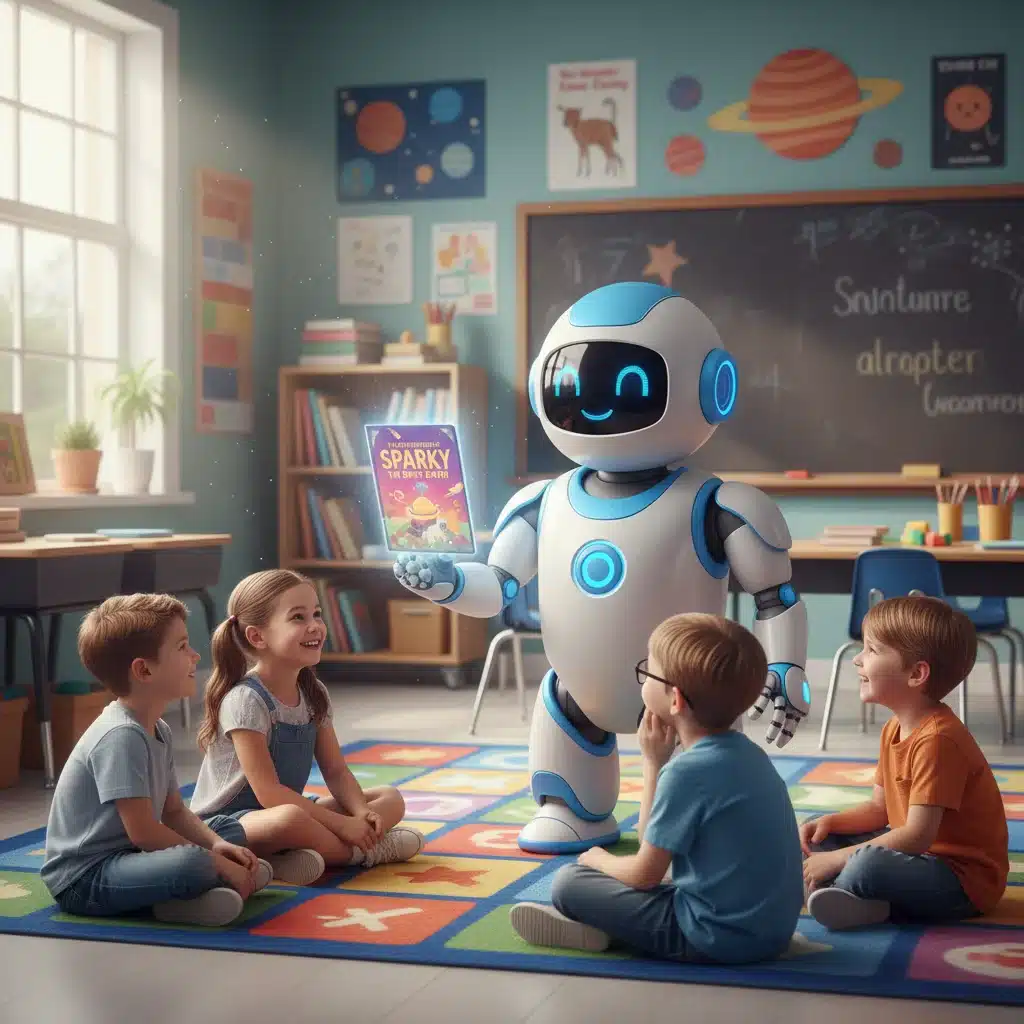 Educational robot engaging with preschoolers in a smart classroom, demonstrating AI's role in childcare.