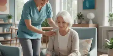 Caregiver providing compassionate support to an elderly person in a home setting.