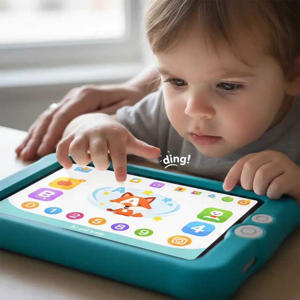 Child engaging with AI-powered educational tablet for personalized learning.