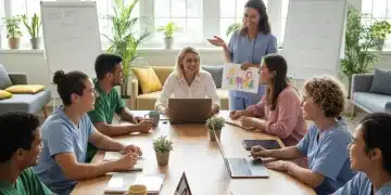 Diverse employees discussing flexible work options in a modern office