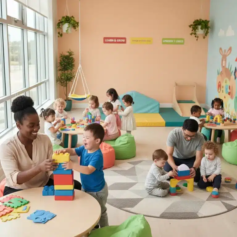 Children engaging in early intervention therapy with therapists