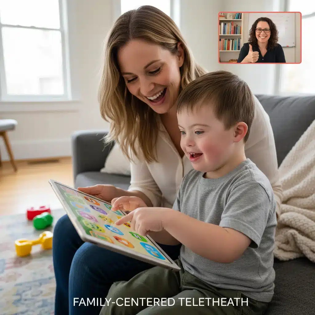Parent and child using a telehealth platform for special needs therapy, with therapist guidance.
