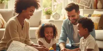 Family calculating childcare tax credit with children playing happily