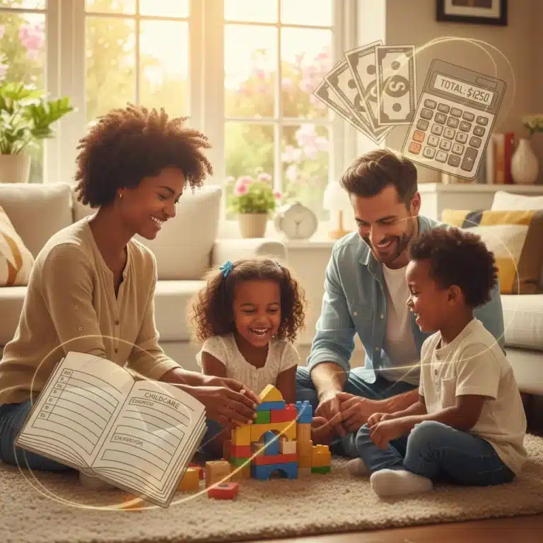 Family calculating childcare tax credit with children playing happily