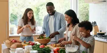A happy family cooking a healthy meal together in a bright kitchen, promoting family wellness.