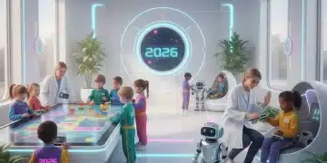 Children engaging with advanced childcare technology in a modern learning environment, showcasing the future of early education.