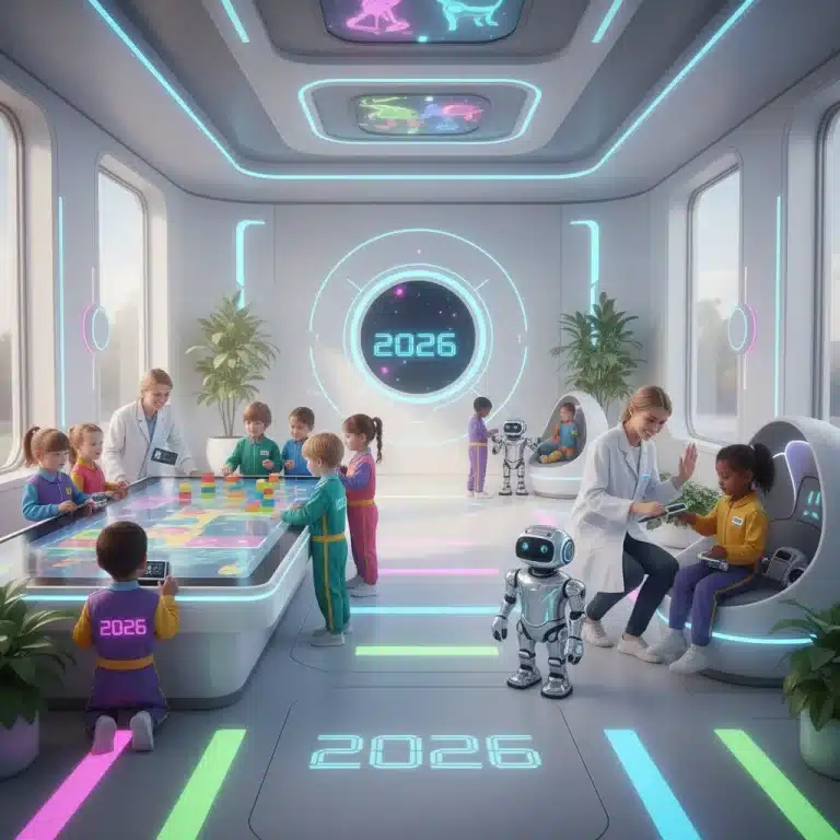 Children engaging with advanced childcare technology in a modern learning environment, showcasing the future of early education.