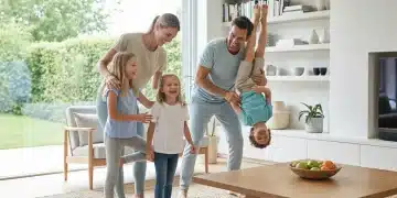 Happy family enjoying a healthy, clean home environment, symbolizing effective household illness prevention.