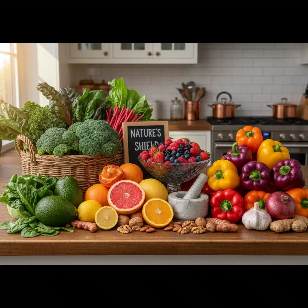 Colorful assortment of fresh fruits and vegetables, symbolizing a healthy, immune-boosting diet for illness prevention.