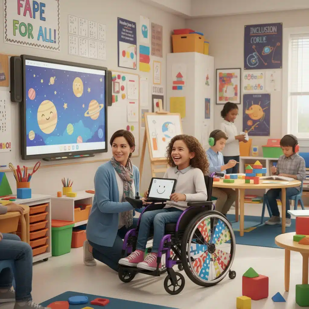 Child with disability learning happily with teacher, demonstrating FAPE