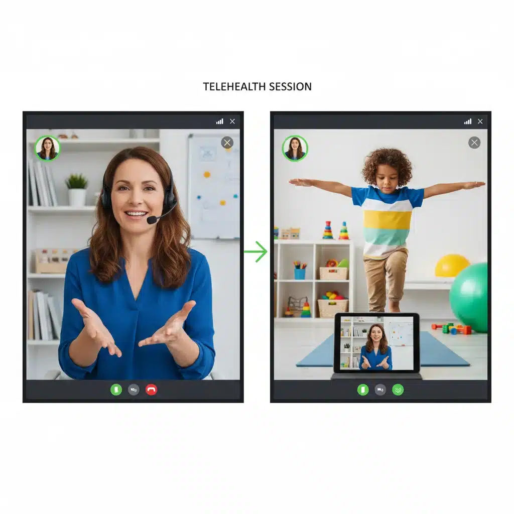 Therapist guiding a child through an exercise via an interactive telehealth platform.