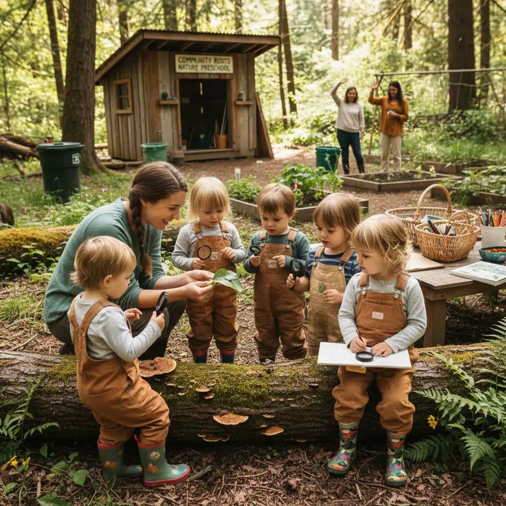 Children engaged in nature-based learning with an educator outdoors