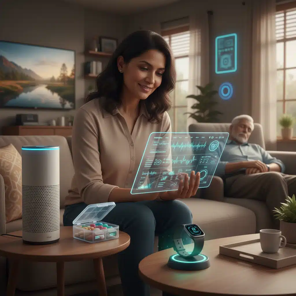 Smart home with AI devices assisting a caregiver