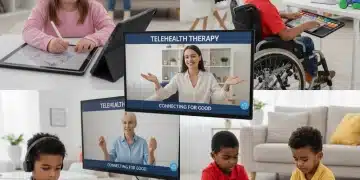 Children with special needs participating in virtual therapy sessions via telehealth platforms.
