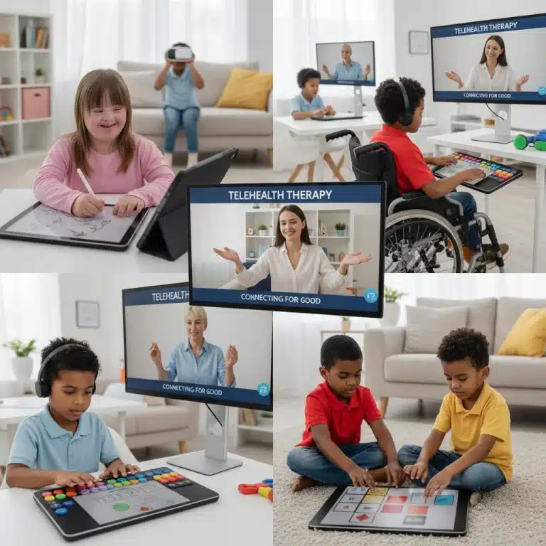 Children with special needs participating in virtual therapy sessions via telehealth platforms.