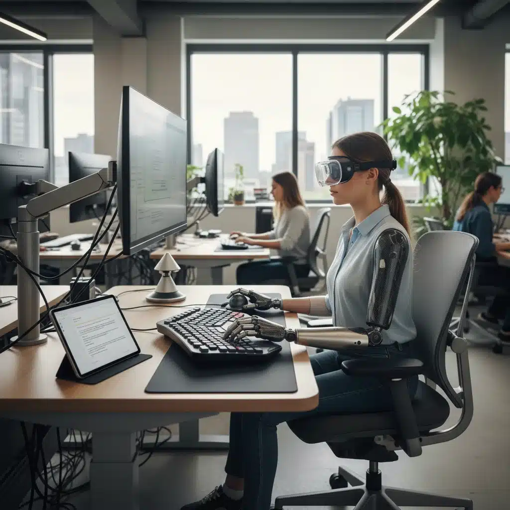 Person with disability using assistive technology at an ergonomic workstation, showcasing workplace accommodations.