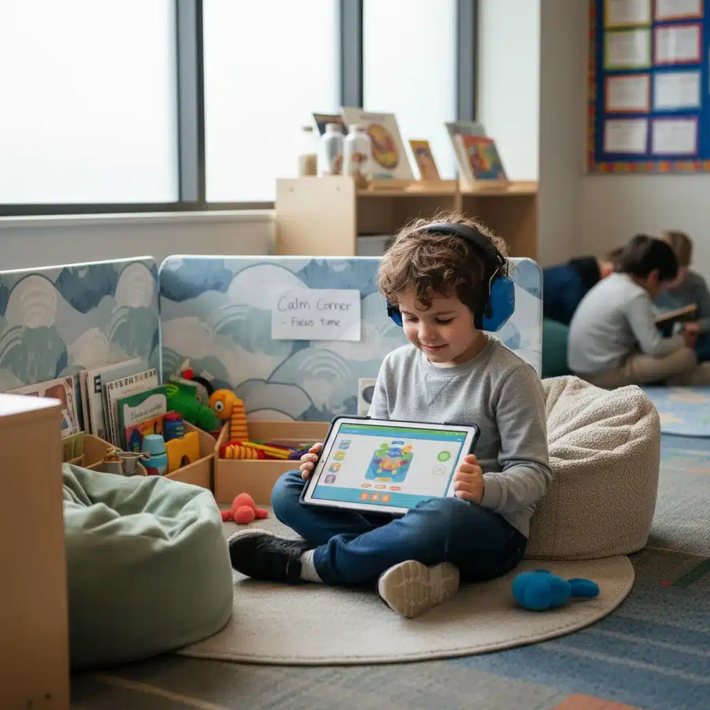 Autistic child using a tablet for individualized learning with sensory headphones in a classroom.