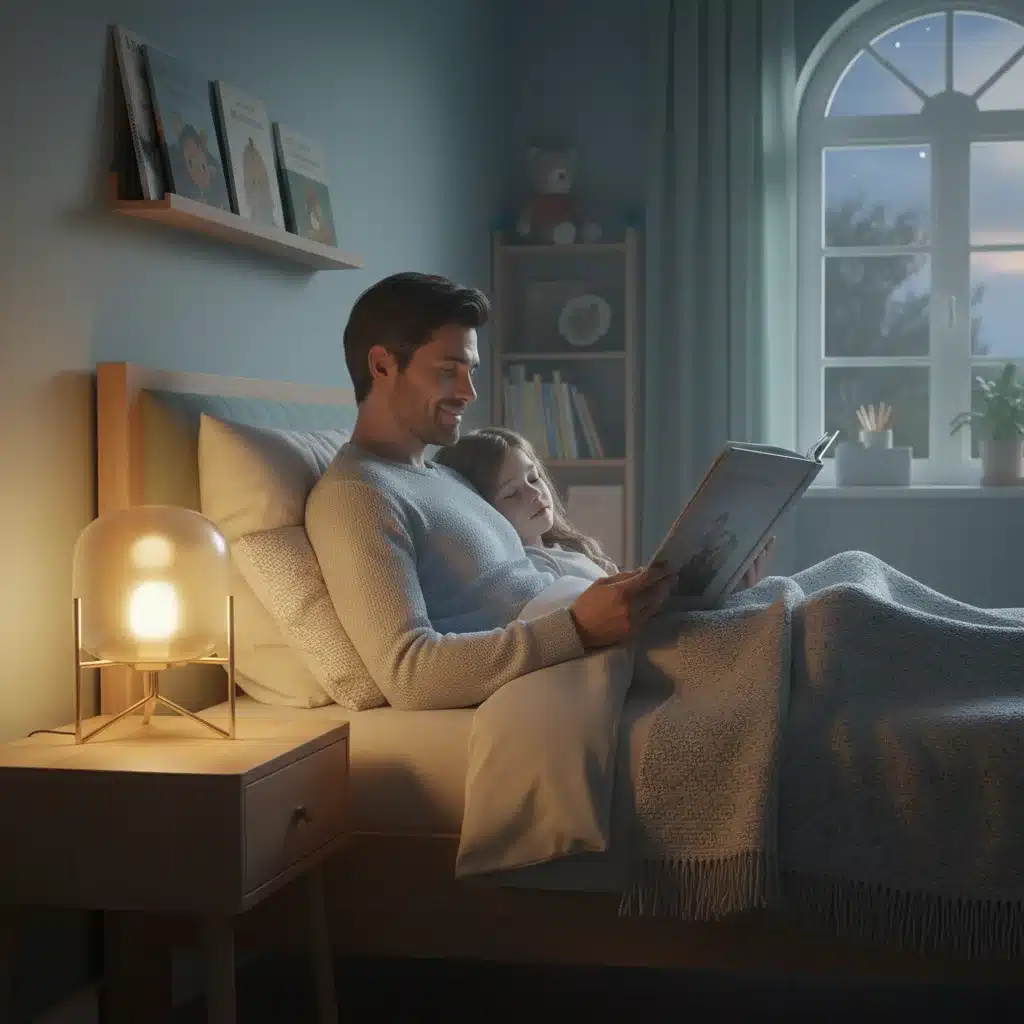 Parent reading bedtime story to child in a peaceful, dimly lit bedroom, highlighting importance of quality sleep.