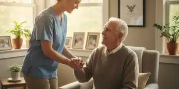 Caregiver assisting elderly individual, symbolizing federal aid