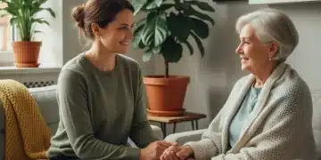 Smiling caregiver holding elderly hand, symbolizing support and well-being