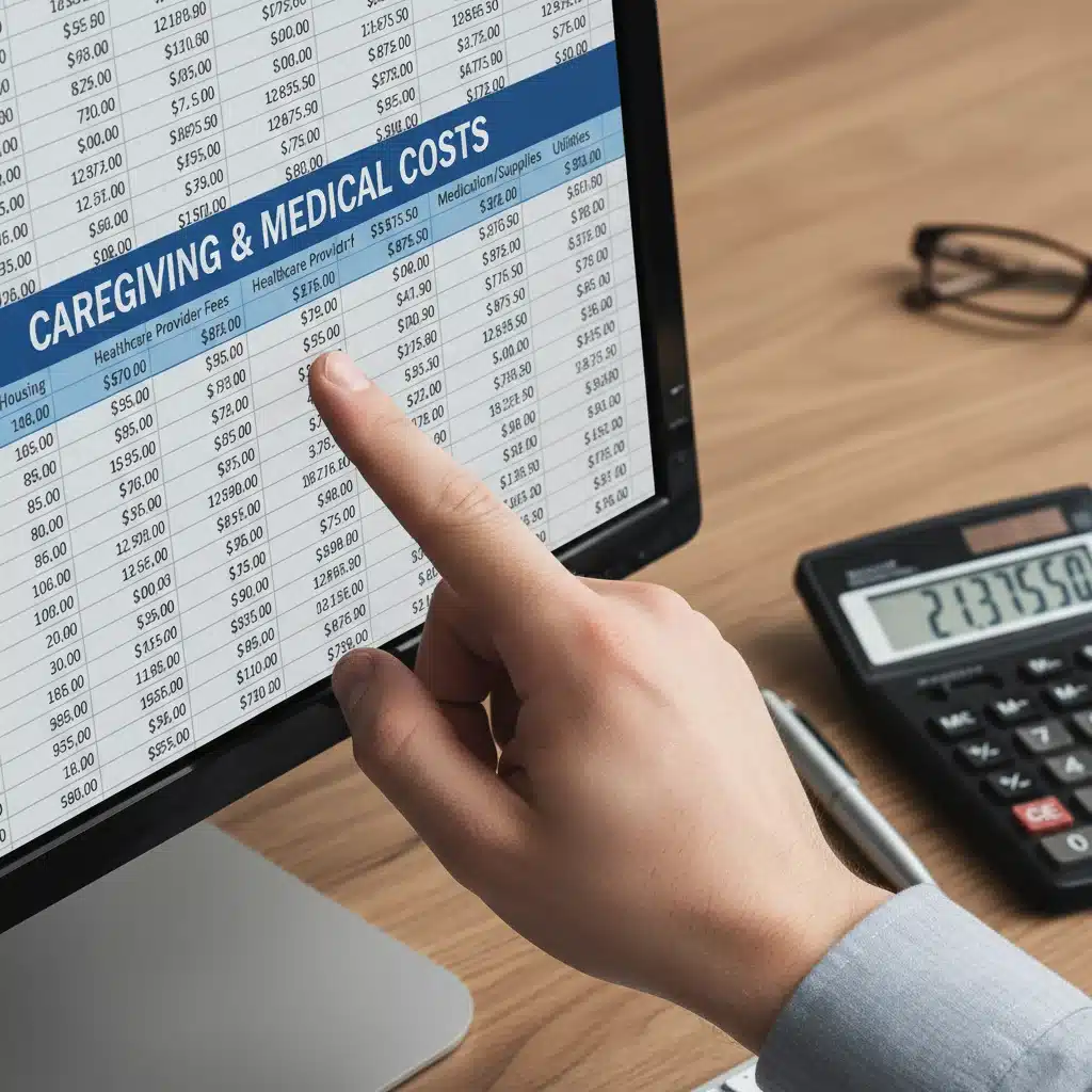 Hand highlighting caregiving expenses on a detailed financial spreadsheet