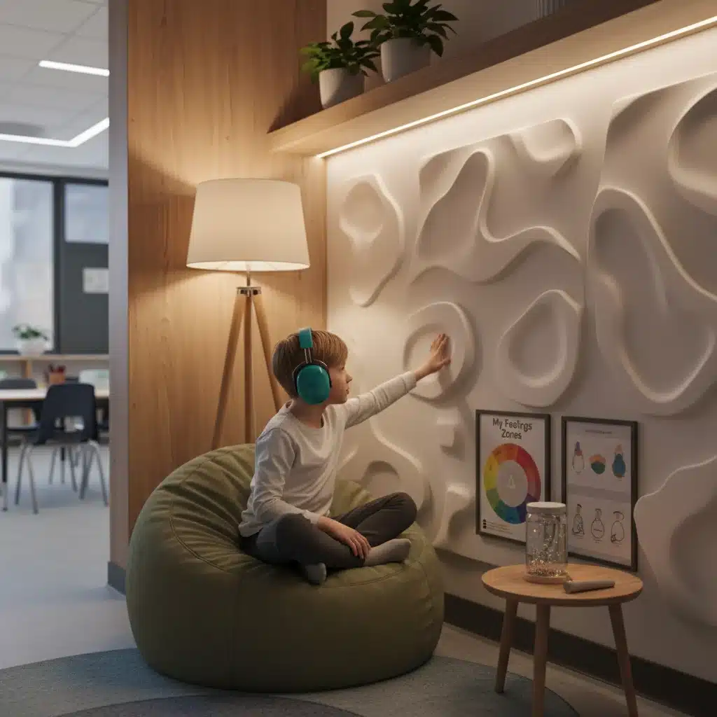 Child in a sensory-friendly classroom corner with textured wall and headphones.