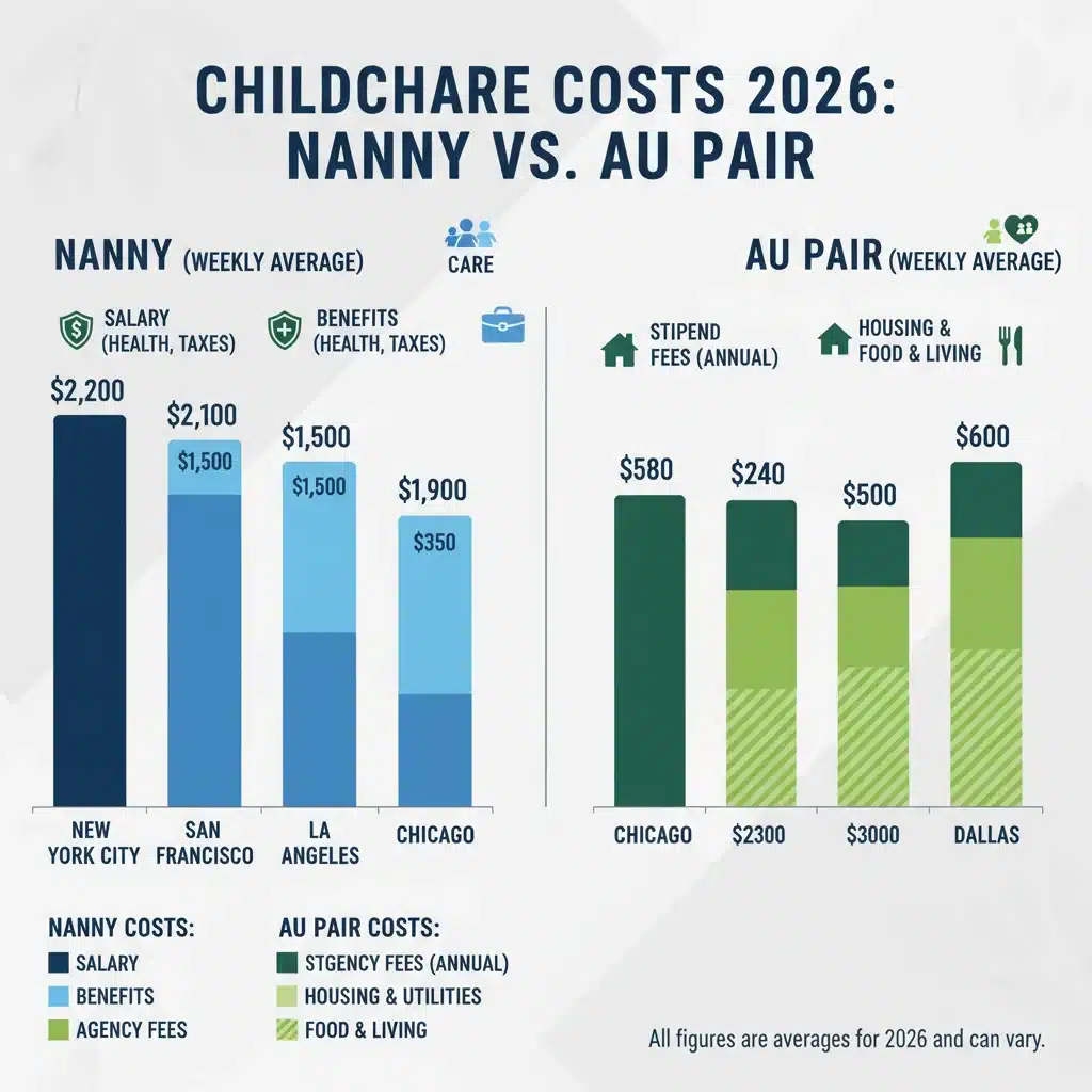 Infographic comparing nanny and au pair childcare costs in US cities
