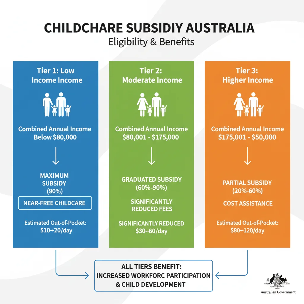 Infographic showing childcare subsidy tiers and income eligibility for federal programs.